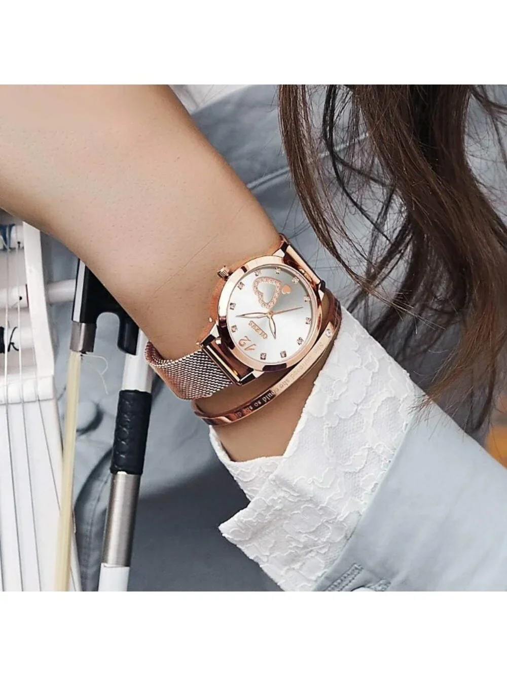 Women's White Mesh Strap Fashion Dress Hearts Quartz Bracelet Sets Ladies Watch